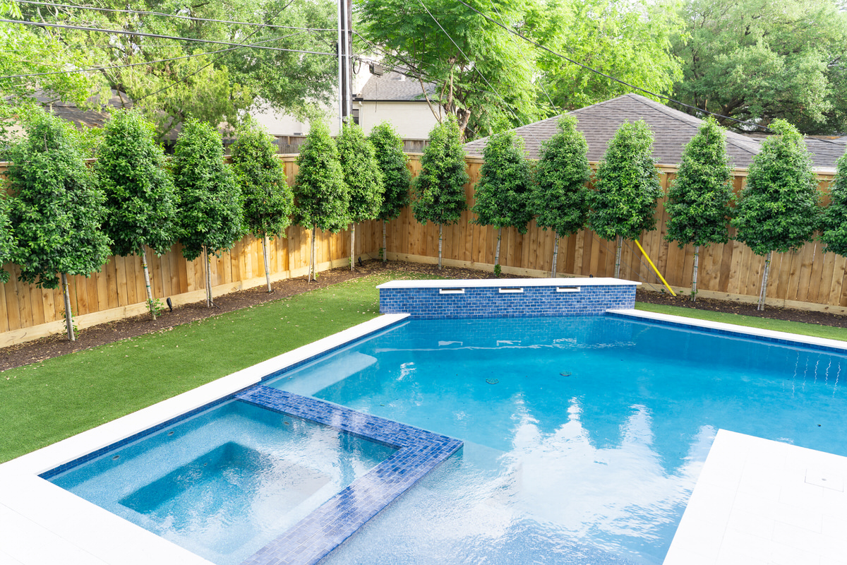 Pool and spa framed by turf and a row of trees
