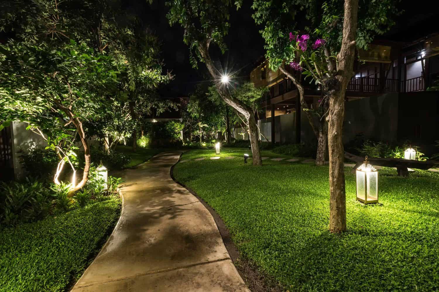Garden path lit at night